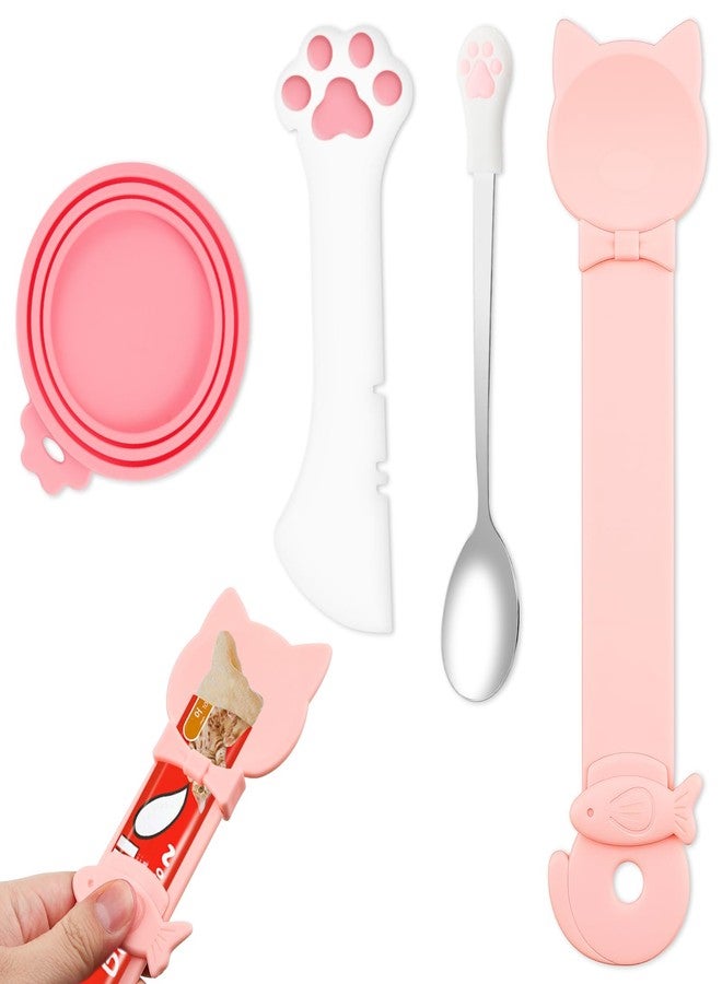 LUSTRIB 4 Pcs Cat Food Lid and Spoon Set, Silicone Pet Food Can Covers with Multi-Function Spoon Opener, Stainless Steel Wet Food Spoon & Cat Bar Squeezer for Pet Cat Dog Feeding Wet Foods Storage Organizer - Image 1